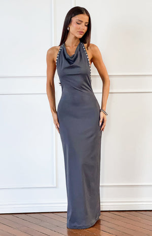 Beginning Boutique Tsuki Grey Stud Detail Cowl Neck Maxi Dress grey bodycon cowl neck halter maxi dress with stud details