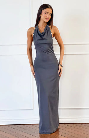 Beginning Boutique Tsuki Grey Stud Detail Cowl Neck Maxi Dress grey bodycon cowl neck halter maxi dress with stud details