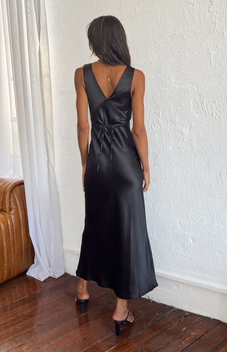 black satin dress casual Late Night Rendezvous Black Satin Long Sleeve Dress