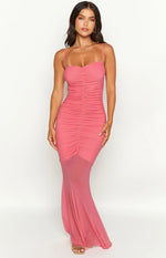 Veronica Pink Mesh Ruched Maxi Dress