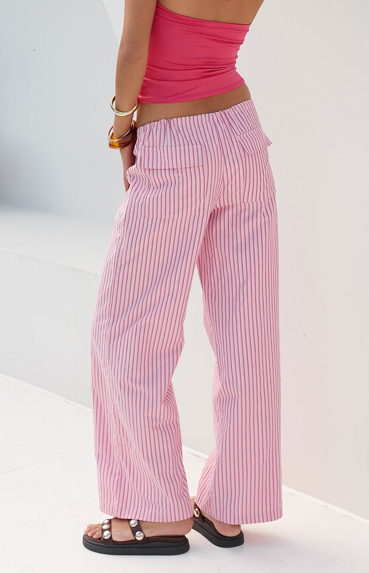 Beginning Boutique Vienna Pink Stripe Pants pink and white striped wide-leg pants with elasticated waist and back patch pockets