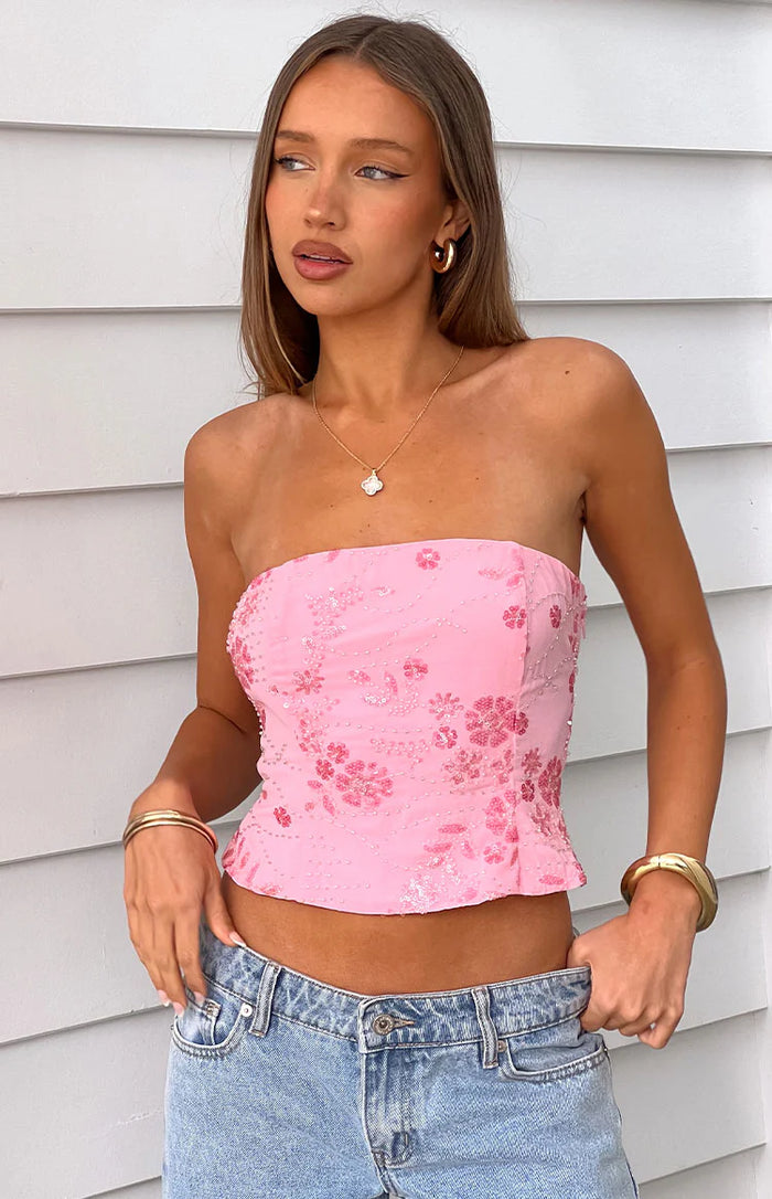 Vila Light Pink Strapless Beaded Top - US 2 | Beginning Boutique Exclusive
