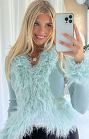 Violetta Mint Green Fur Trim Knit Cardigan