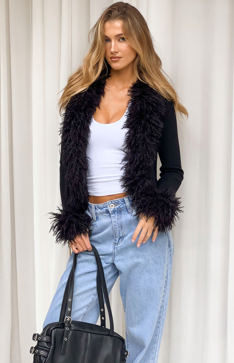 Violetta Black Fur Trim Knit Cardigan | Beginning Boutique US