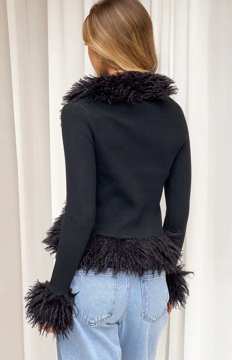 Violetta Black Fur Trim Knit Cardigan | Beginning Boutique US