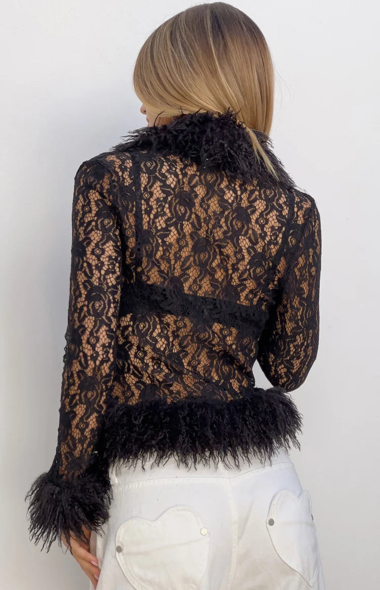 Violetta Black Lace Fur Trim Top