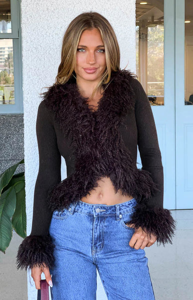 Violetta Chocolate Fur Trim Knit Cardigan | Beginning Boutique US