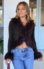 Chocolate ribbed knit cardigan with a V-neckline, fur trim on the collar, cropped hem, and cuffs