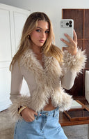 Beige ribbed knit cardigan with shaggy fur trim along the V-neckline and cuffs, highlighting the texture