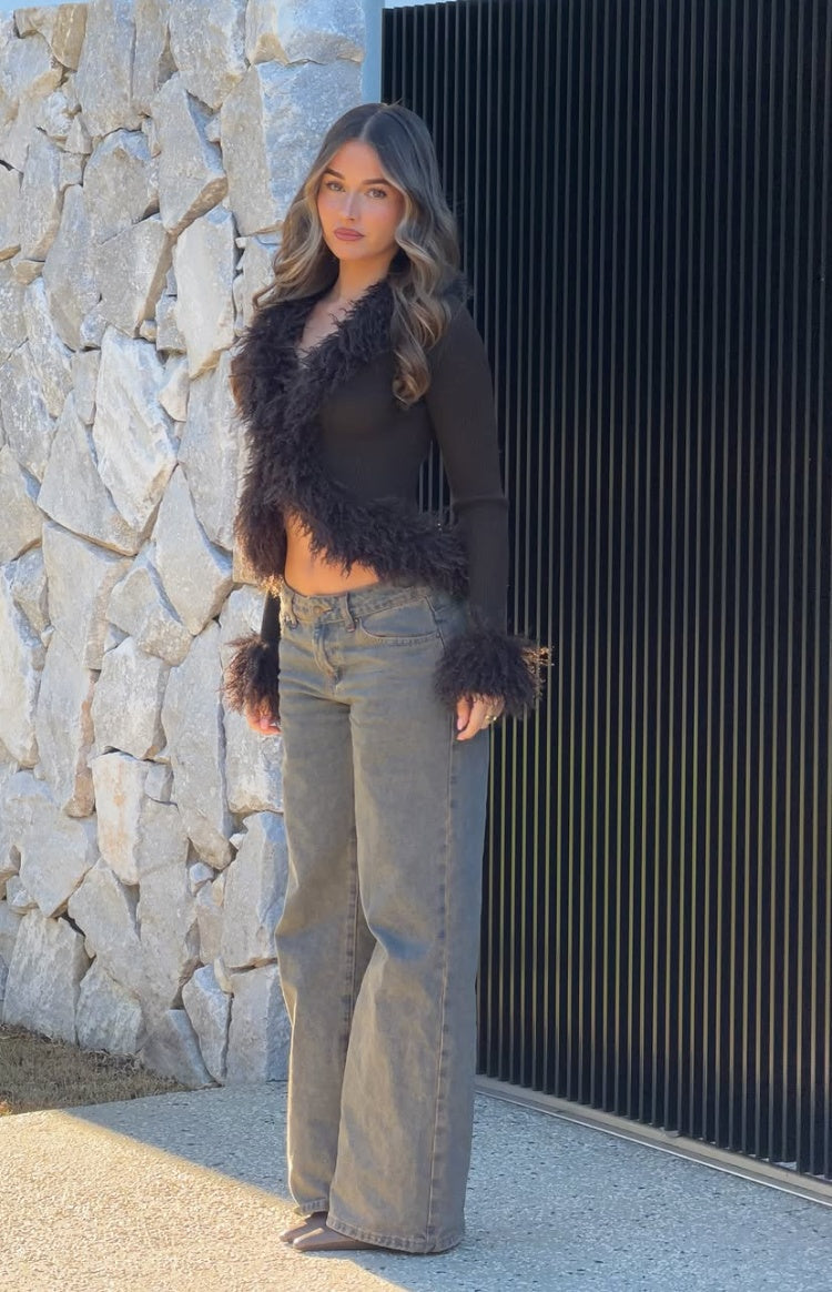 Violetta Chocolate Fur Trim Knit Cardigan | Beginning Boutique US