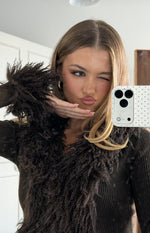 Close-up of the chocolate ribbed knit cardigan's shaggy fur trim and ribbed texture