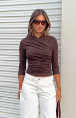 Viv Chocolate 3/4 Sleeve Wrap Jersey Top - PRE ORDER