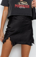 Beginning Boutique Vivian Lace Mini Skirt Black black satin mini skirt with side slits and lace trim