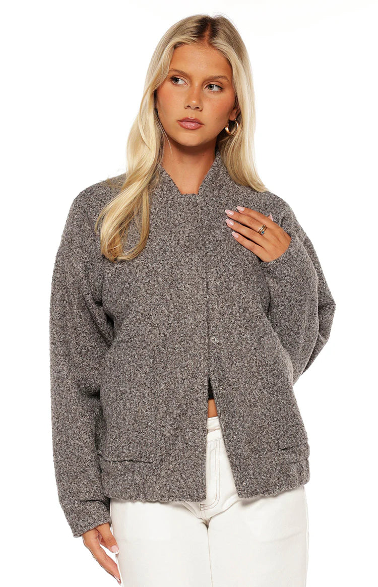 Warren Gray Warren Grey Boucle Button Up Bomber Jacket | Beginning Boutique US
