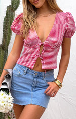 Wednesday Red Gingham Puff Sleeve Tie Top Image