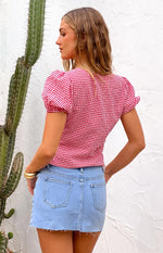 Wednesday Red Gingham Puff Sleeve Tie Top Image