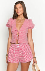 Wednesday Red Gingham Puff Sleeve Tie Top Image