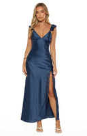 Beginning Boutique Wendy Navy Satin Maxi Dress navy satin V-neck maxi dress with ruffle straps and a high lace-trimmed side s