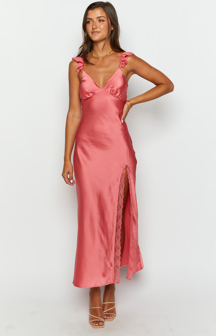 Pink satin V-neck maxi dress with ruffled spaghetti straps and a high leg slit with lace trim
