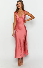 Pink satin V-neck maxi dress with ruffled spaghetti straps and a high leg slit with lace trim