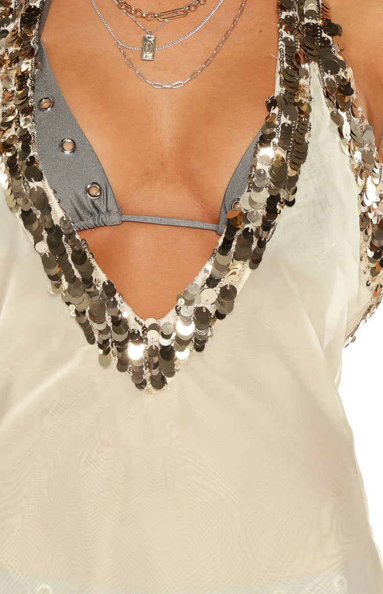 white dress with gold chain White Sleeveless Short Dress with Gold Buckle main image 1
