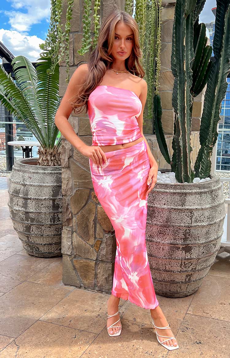 When In Rome Pink Floral Print Mesh Maxi Skirt Image