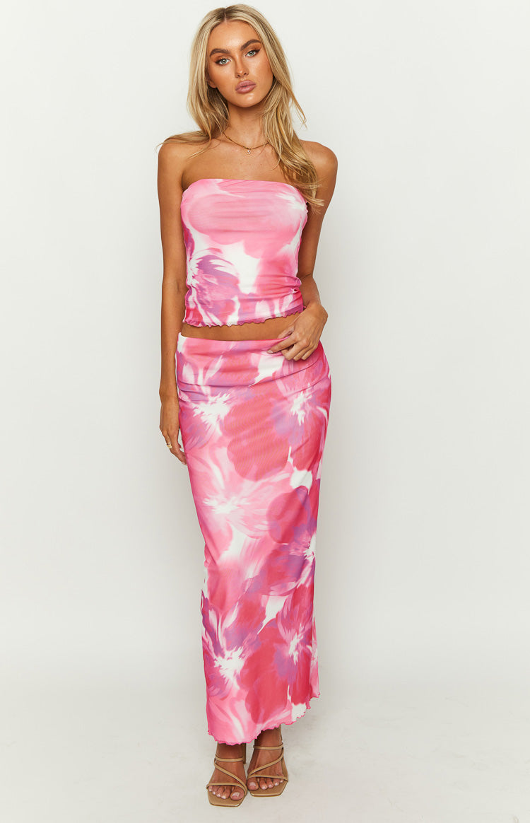 When In Rome Pink Floral Print Mesh Maxi Skirt Image