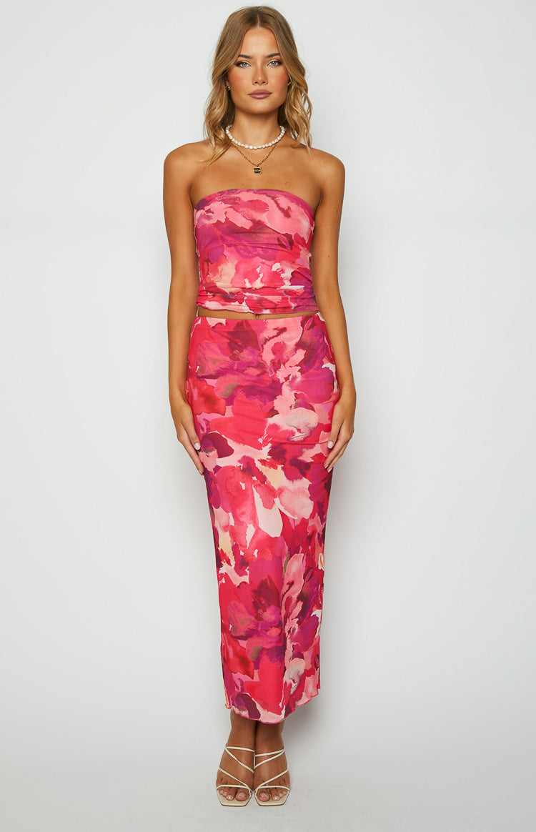 Beginning Boutique When in Rome Pink Print Mesh Maxi Skirt pink abstract floral print mesh bodycon maxi skirt