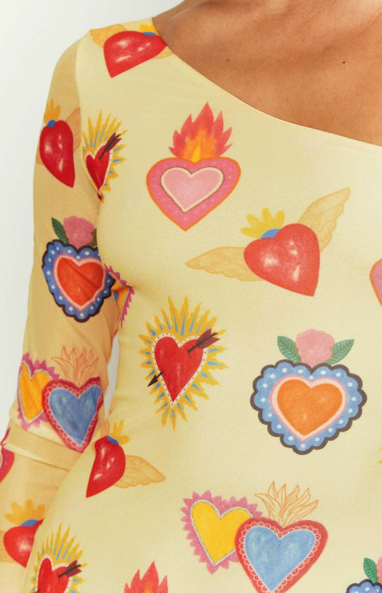 Wild At Heart Yellow Printed Mesh Long Sleeve Mini Dress Image