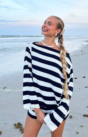 Willa Navy Stripe Off Shoulder Knit Sweater - PRE ORDER