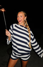 Willa Navy Stripe Off Shoulder Knit Sweater - PRE ORDER