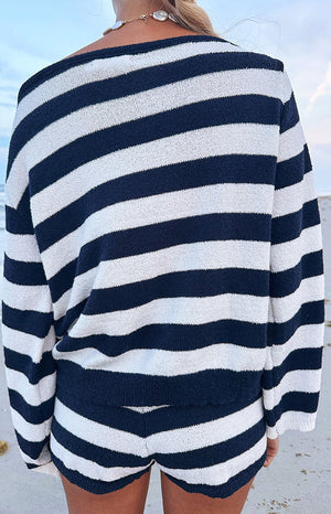 Willa Navy Stripe Off Shoulder Knit Sweater - PRE ORDER