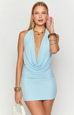 Willis Light Blue Cowl Neck Party Mini Dress