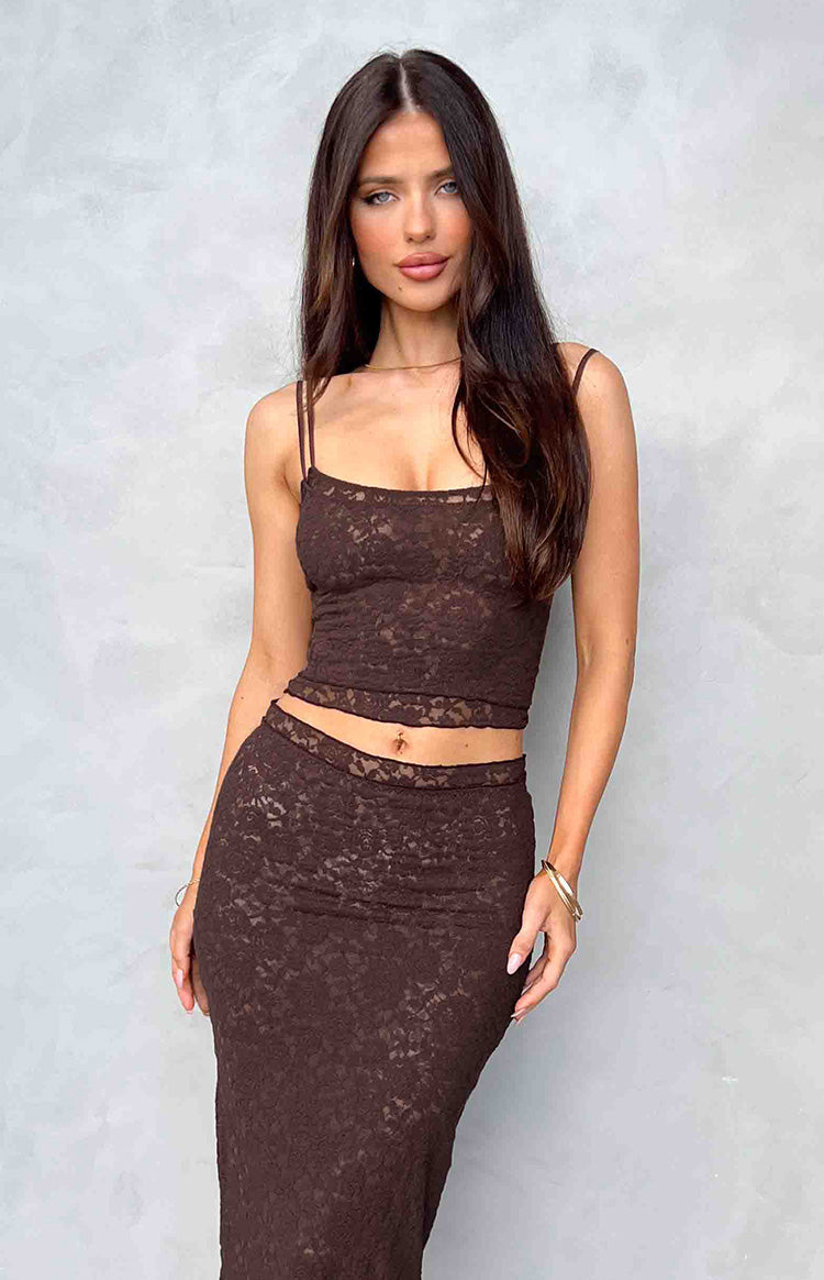 Brown lace tank top with a square neckline and thin spaghetti straps