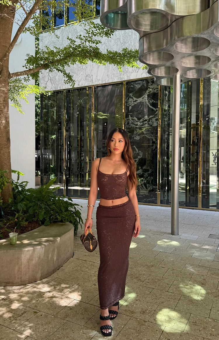 Beginning Boutique Willow Brown Lace Tank Top brown lace crop tank top with spaghetti straps and fitted silhouette