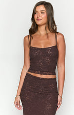 Brown lace tank top with a square neckline and double spaghetti straps
