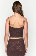 Rear view of a brown lace tank top with thin adjustable spaghetti straps and a sheer lace hem