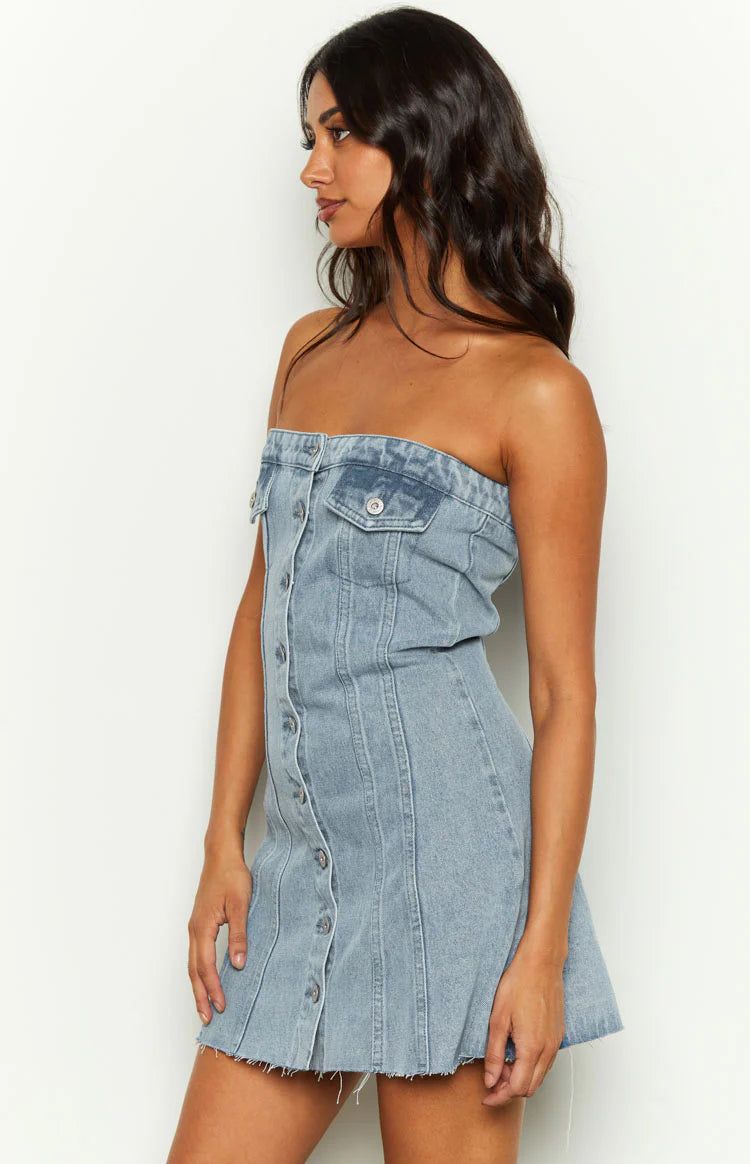 knee length dresses for ladies Wilma Blue Denim Corset Mini Dress - US 16