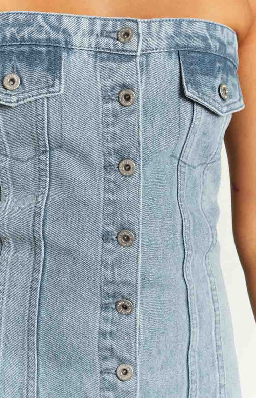 Wilma Blue Denim Corset Mini Dress – Beginning Boutique US