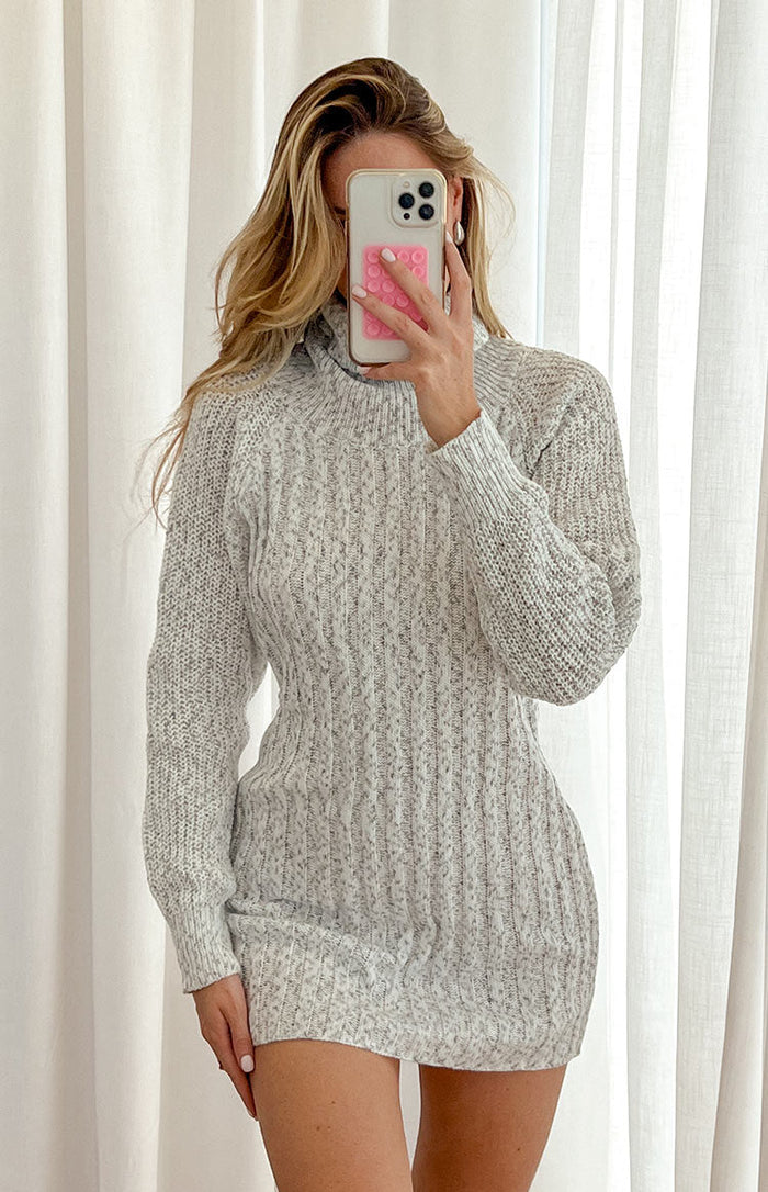 knee length dresses for ladies Grey Boat Neck Sweater Mini Dress main image 0