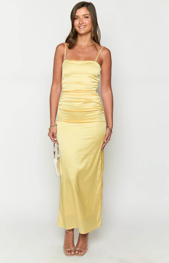 Yellow Bloom Satin Strapless Maxi Dress – Beginning Boutique US