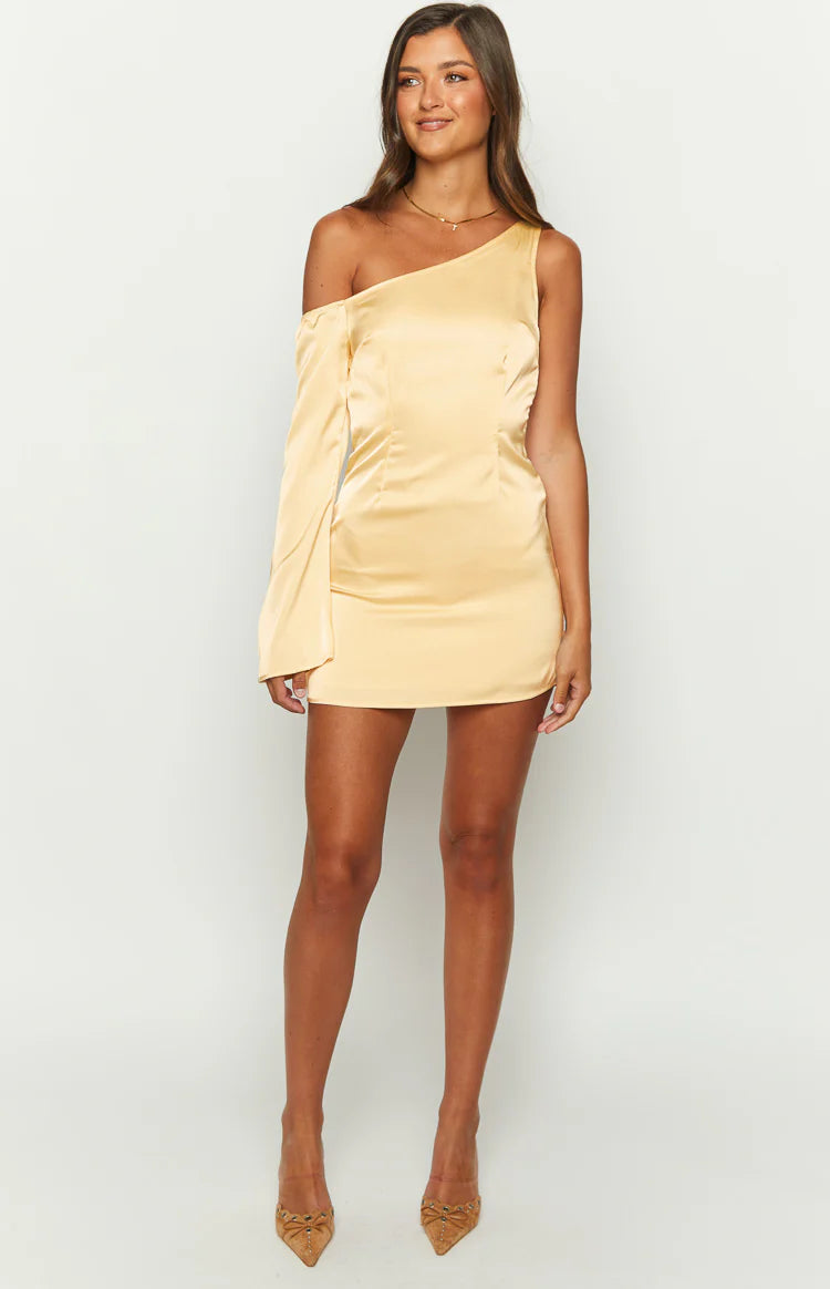 Singer Yellow Satin One Shoulder Mini Dress - US 4 | Beginning Boutique Exclusive Singer Yellow Satin One Shoulder Mini Dress - US 4 | Beginning Boutique Exclusive