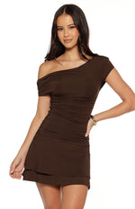 Front view of a brown off-shoulder mini dress with a ruched bodice, short cap sleeve, and layered hem