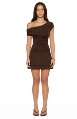 Front view of a brown off-shoulder mini dress with ruched body and layered skirt