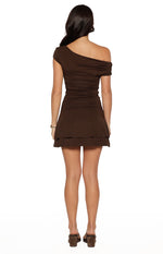 Rear view of a brown off-shoulder mini dress with a ruched bodice and a tiered skirt