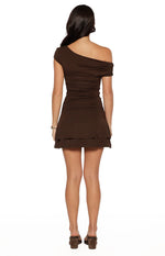 Rear view of a brown off-shoulder mini dress with a ruched bodice and a tiered skirt