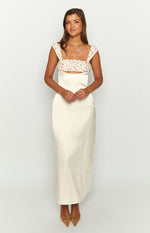 cream chiffon wrap dress Self-Tie Wrap Tiered Ruffle Midi Dress in Cream