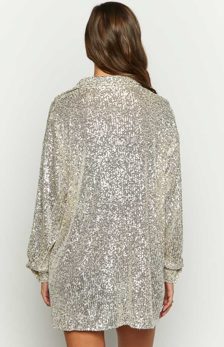 Zariah Gold Sequin Long Sleeve Shirt Beginning Boutique US