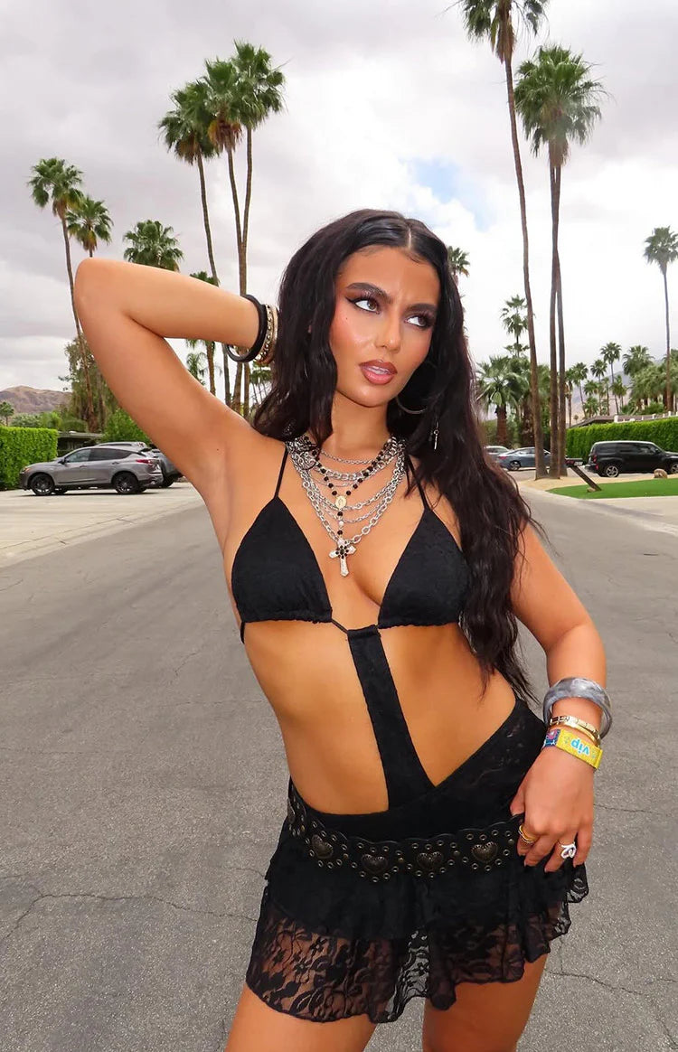 Beginning Boutique Zeke Black Cut Out Bikini Mini Dress black lace mini dress with triangle bikini top and deep cutout waist