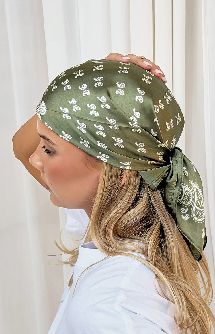 Zella Green Paisley Print Satin Triangle Scarf